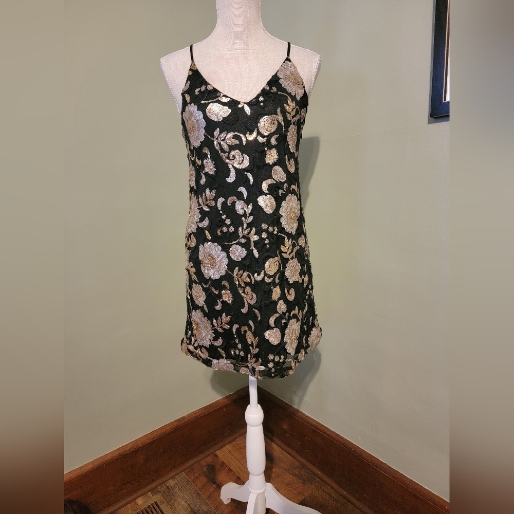 Altar’d State Dress SZ  Floral Sequined Slip Spaghetti Strap Zip Gold H65